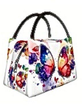 Insulated Colorful Butterfly Print Tote Bag - White.